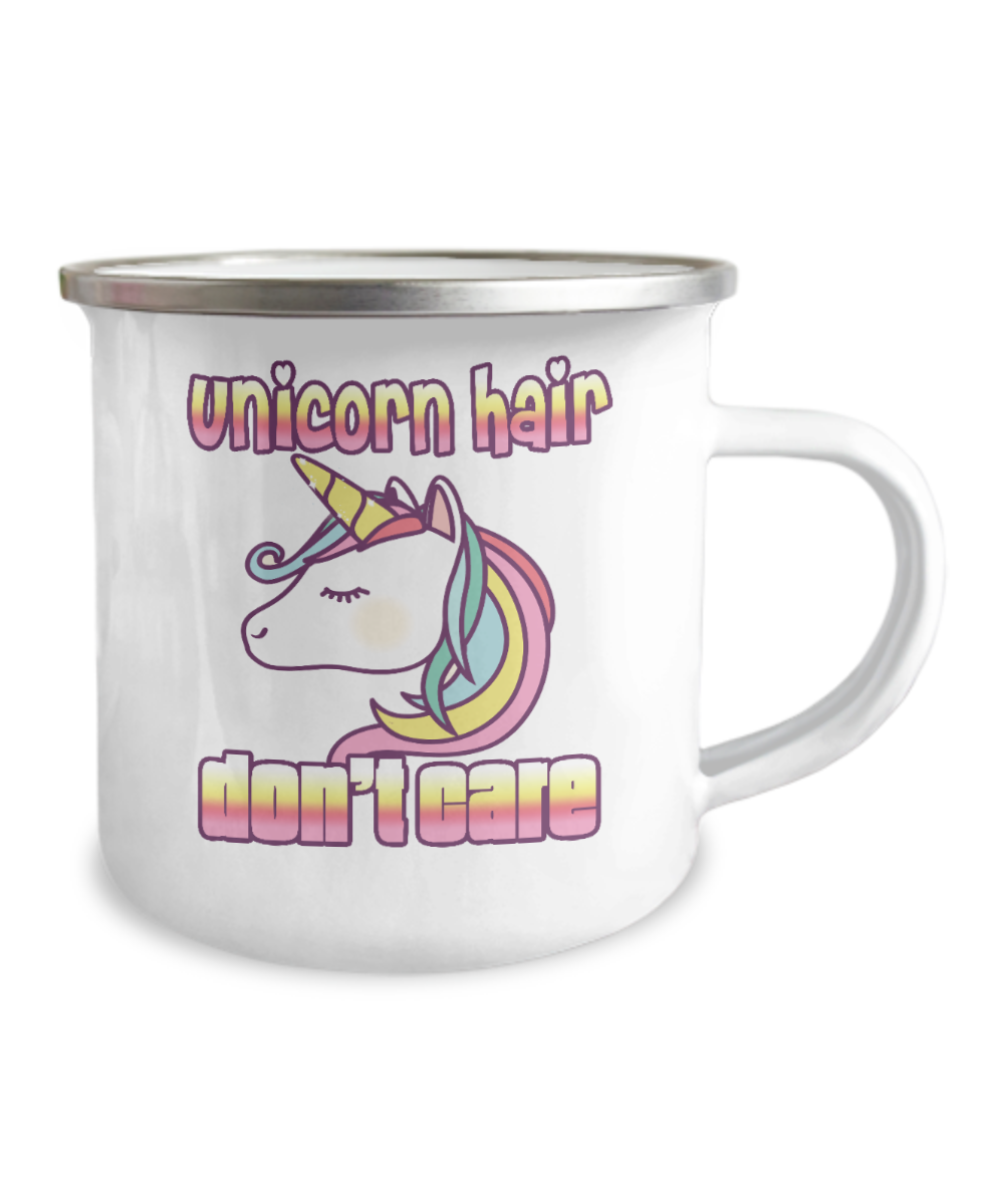 Unicorn Coffee Mug, Unicorn Hair, Don't Care, Teen Coffee Mug, Unicorn teen mug -12 Oz Stainless Steel Enamel Finish White Camper Coffee Mug