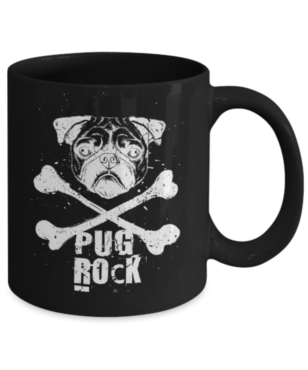 Gift gor dog lovers , Pug Rock - Black Coffee Mug Porcelain Tea Cup 11 oz - Great Gift