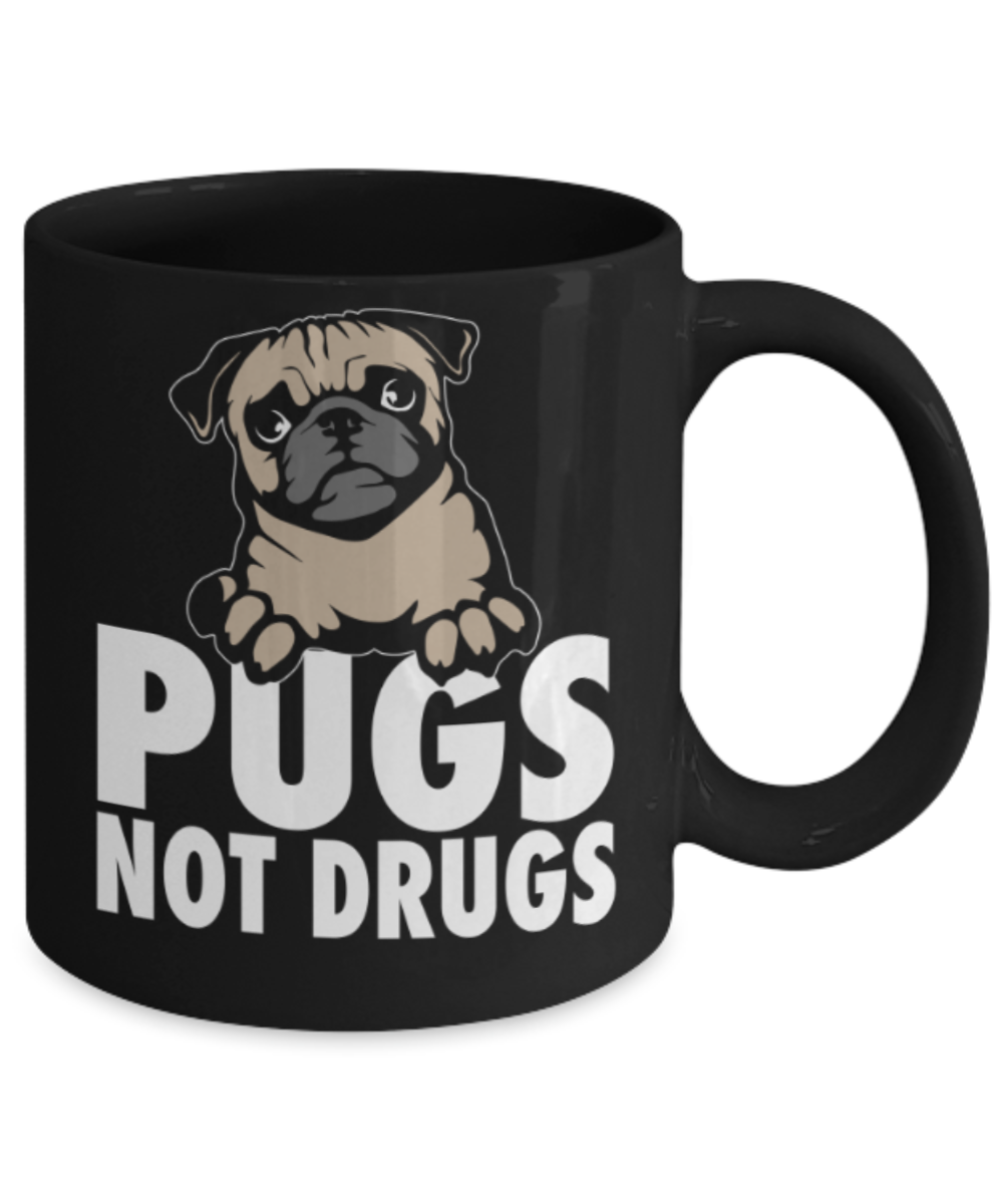 Gift gor dog lovers , Pugs not drugs - Black Coffee Mug Porcelain Tea Cup 11 oz - Great Gift
