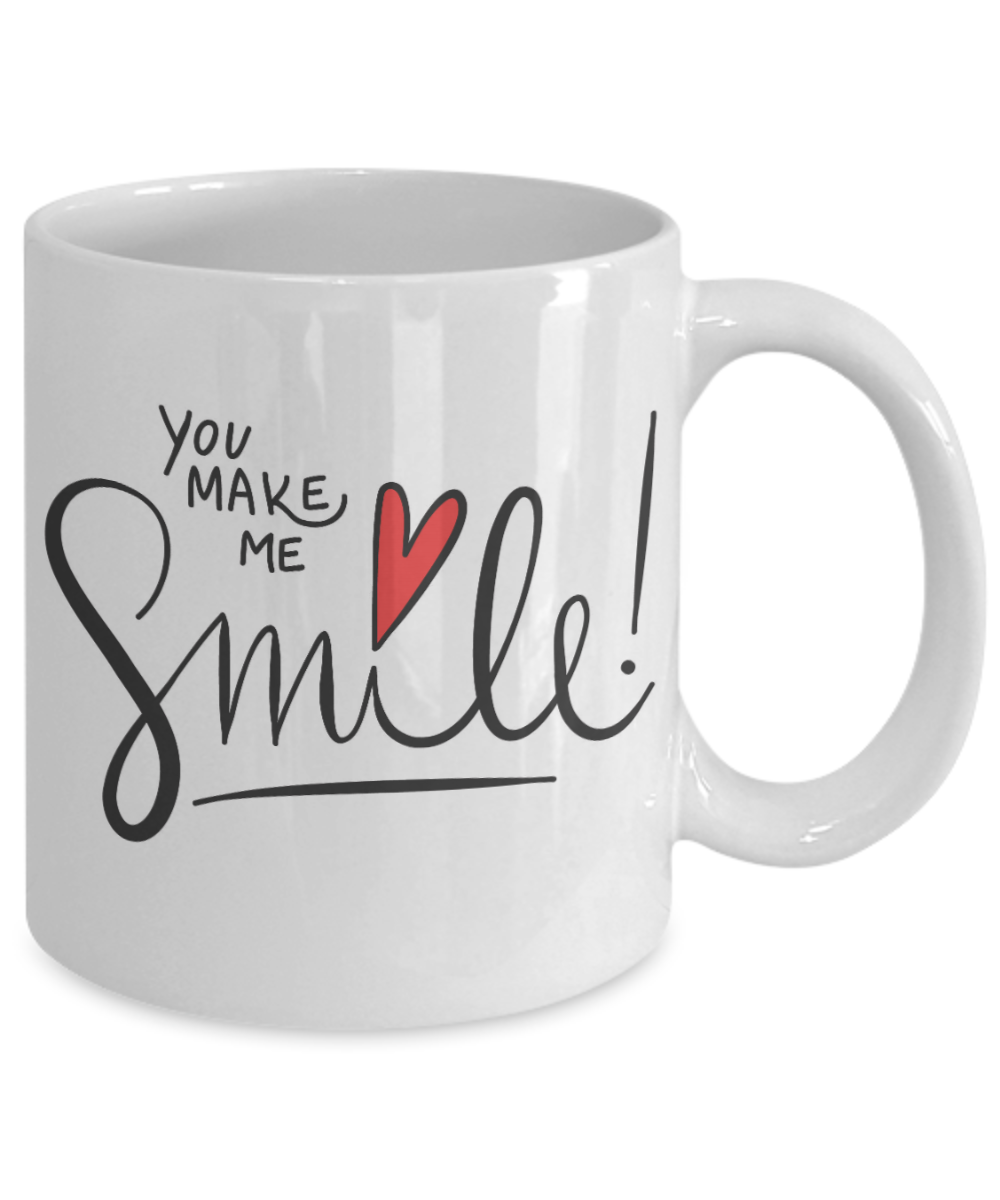 Love You Coffee Mug, You Make Me Smile-White Porcelain Coffee Mug 11 oz for Lovers, Couples, Birthday, Anniversary