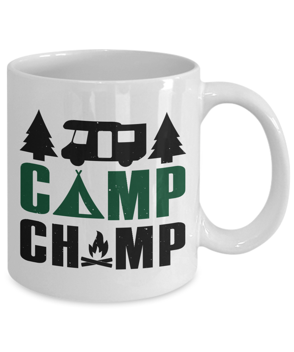 Camping Coffee Mug, Camp Champ -White Porcelain Coffee Mug 11 oz For Camper, Camping, Adventure, Outdoor, Mug