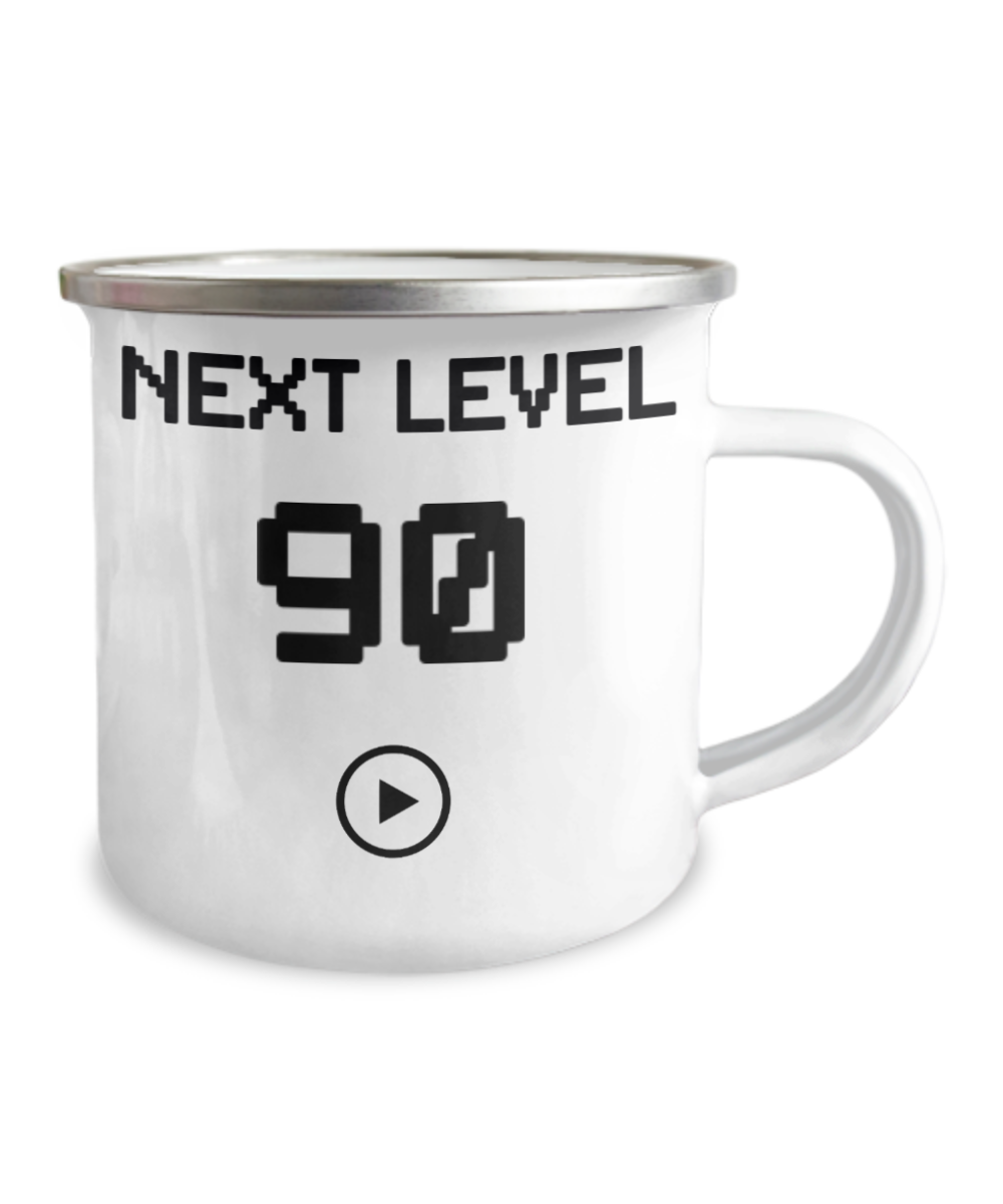 90th Birthday Coffee Mug, Next Level 90, Gamer Coffee Mug, Birthday Mug- 12 Oz Stainless Steel Enamel Finish White Camper Coffee Mug