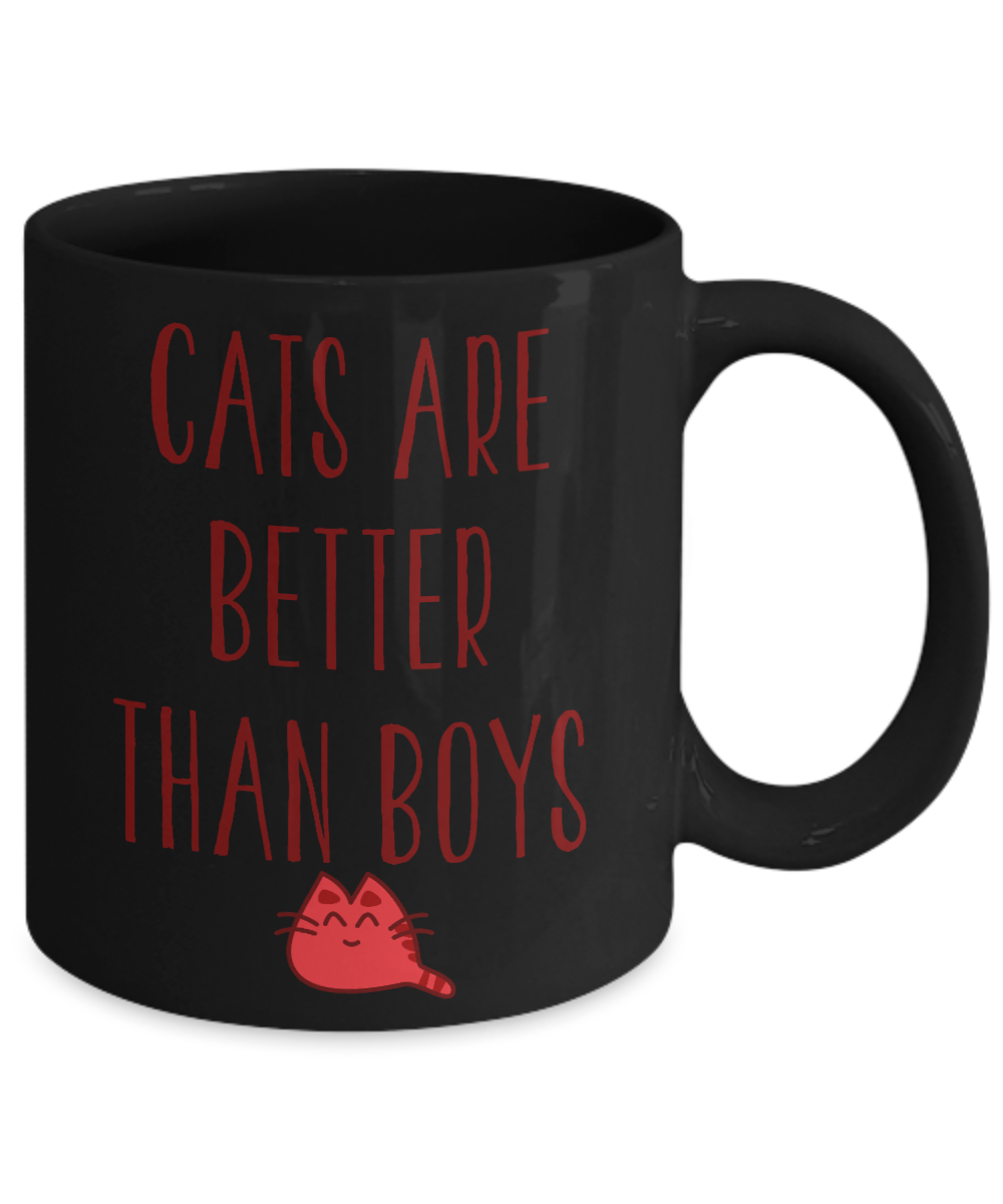 Cat Mom Coffee Mug, Cats are Better Than Boys- Black Porcelain Coffee Mug 11 Oz for cat lover, mom, dad