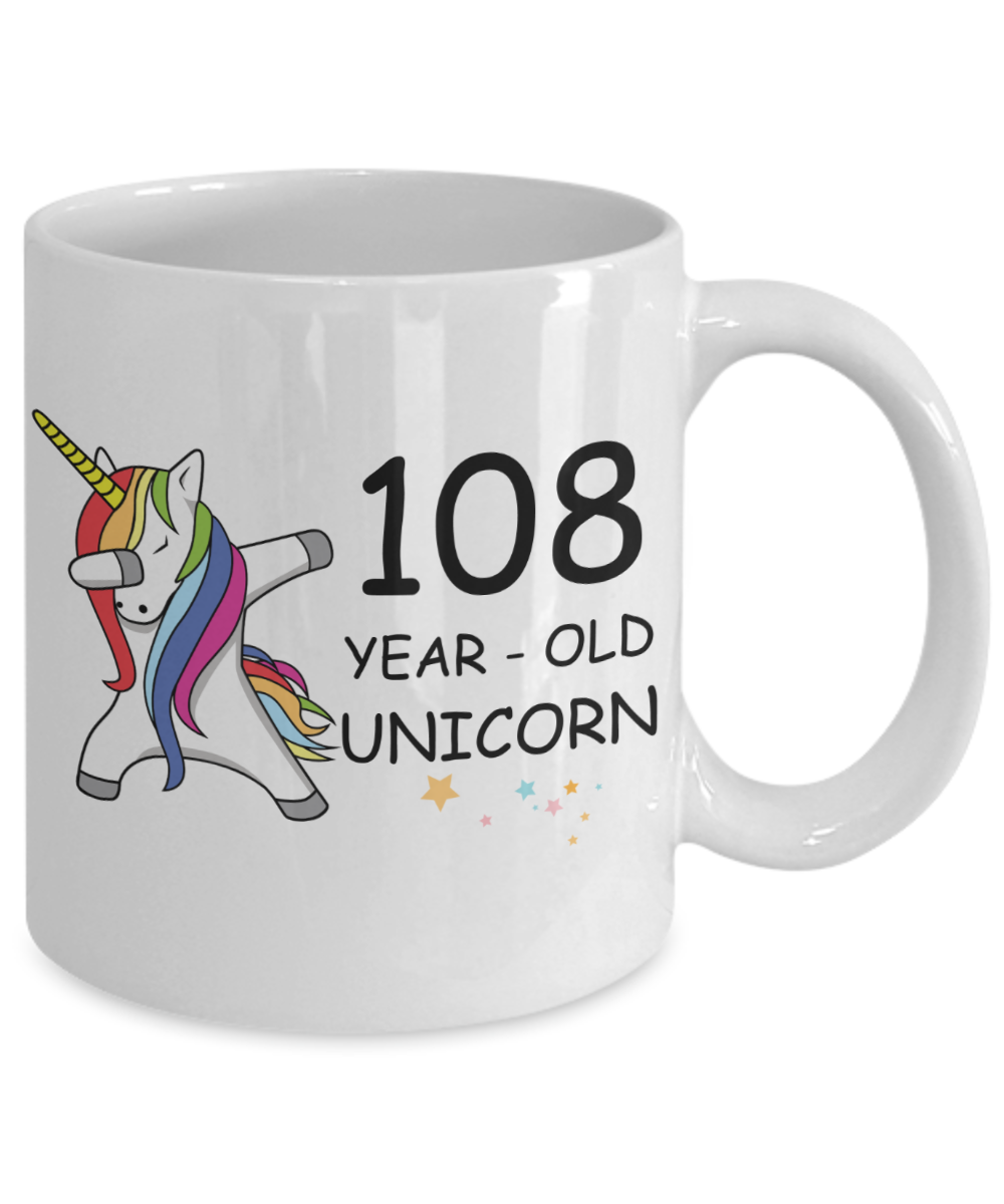 Unicorn Birthday gift 108th Birthday Gift for Women - 108 Year Old Unicorn Dabbing Mug - Funny White Porcelain Coffee 11 oz, 108th Anniversary Bday Gift for Grandma, Mom, Sister, Bestie - Legends are Born In 1912