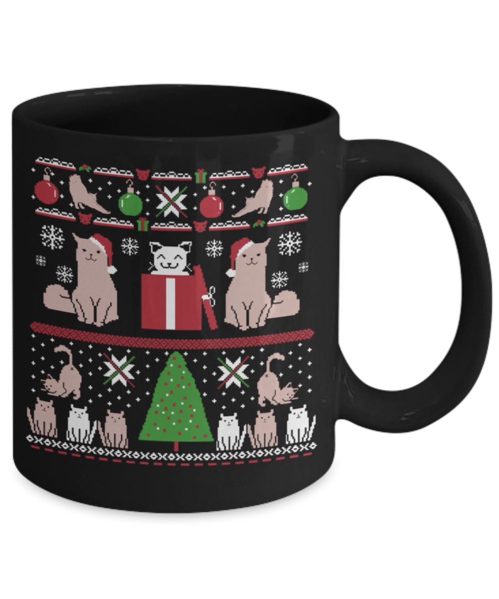 Gift gor cat lovers , Christmas Cats - Black Coffee Mug Porcelain Tea Cup 11 oz - Great Gift