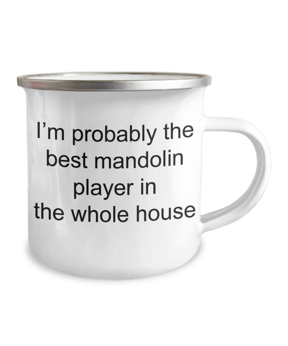 Funny mugs, Best mandolin player in the whole house -Premium 12 Oz Stainless Steel Enamel Finish White Camper Coffee Mug