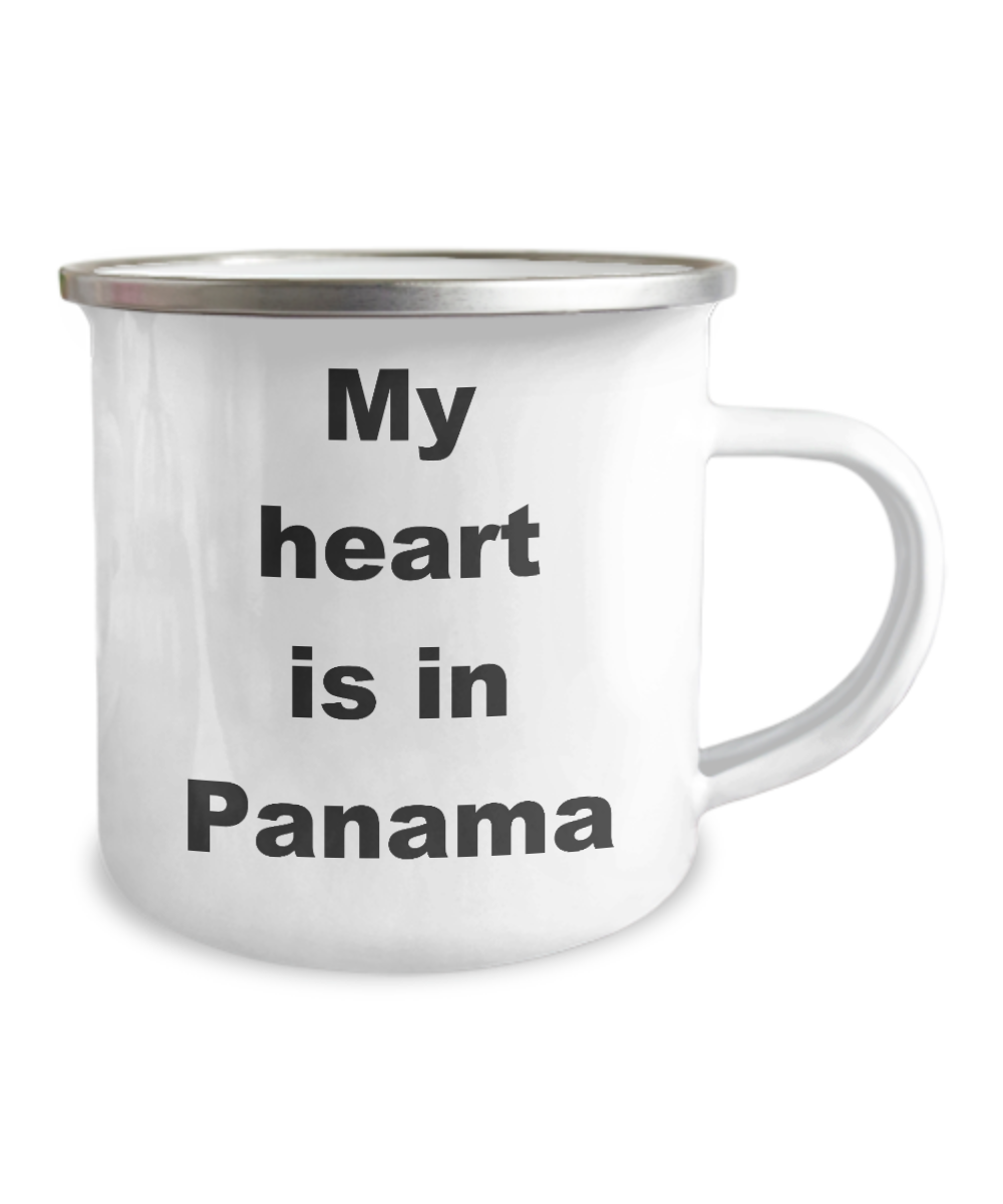 My heart is in Panama Premium Coffee Mug-12 Oz Stainless Steel Enamel Finish White Camper Coffee Mug