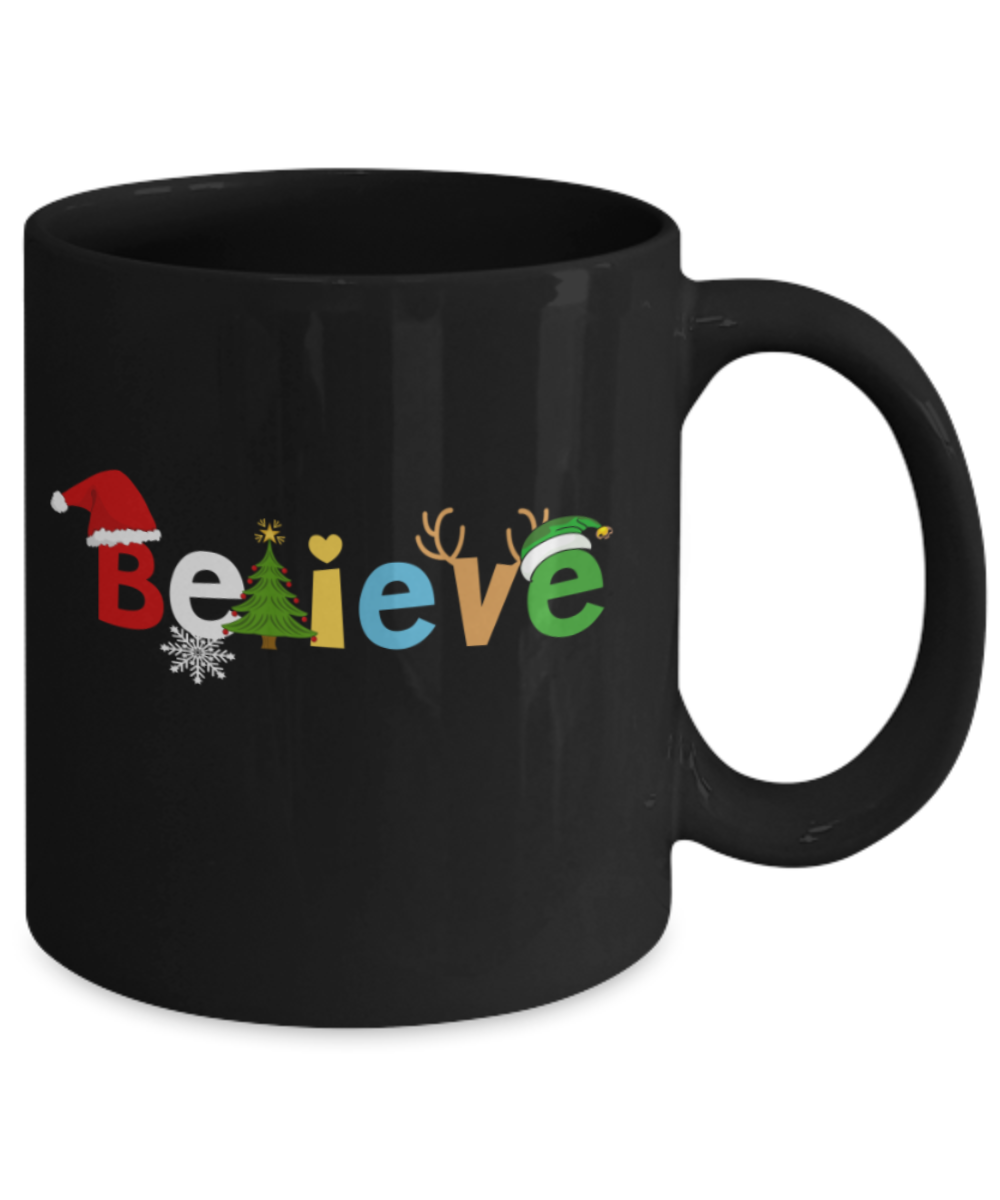 Christmas gift ideas, Believe - Funny Black Porcelain Coffee Mug Cute Ceramic Cup 11 oz