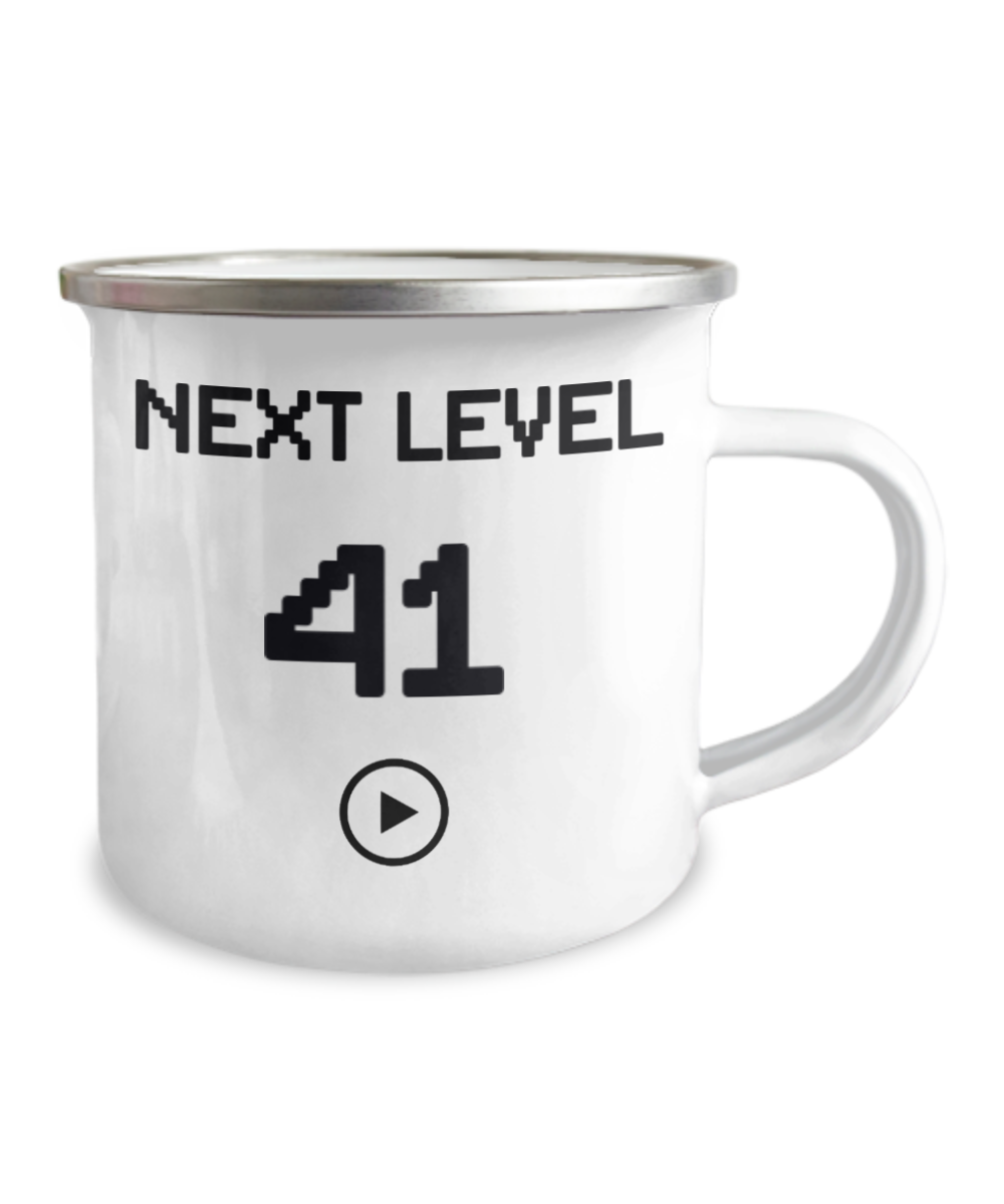 41st Birthday Special Gift Coffee Mug, Next Level 41, Gamer Coffee Mug, Birthday Mug- 12 Oz Stainless Steel Enamel Finish White Camper Coffee Mug