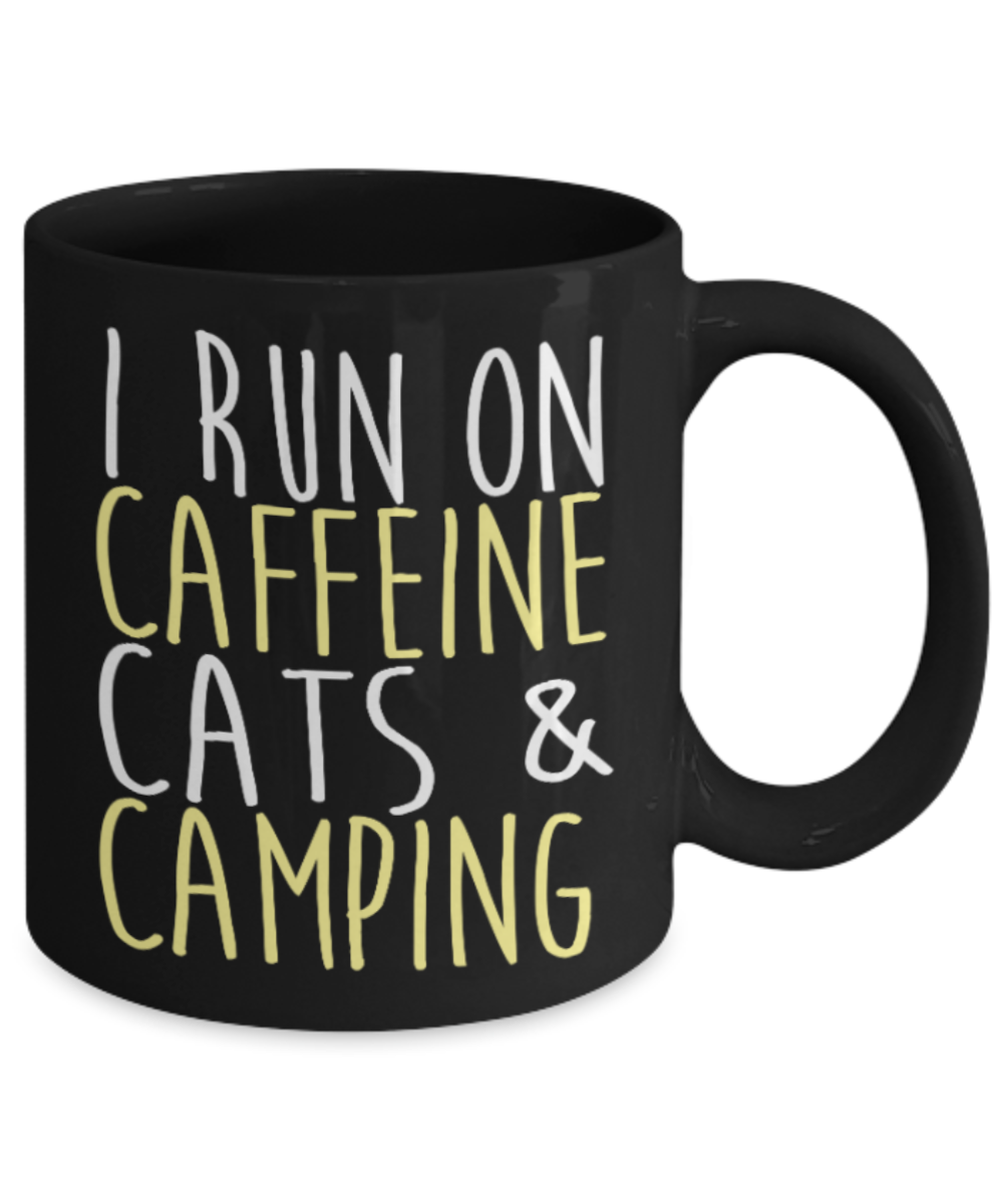 Cat Lovers Gifts , Caffeine, Cats & Camping - Black Coffee Mug Porcelain Tea Cup 11 oz - Great Gift
