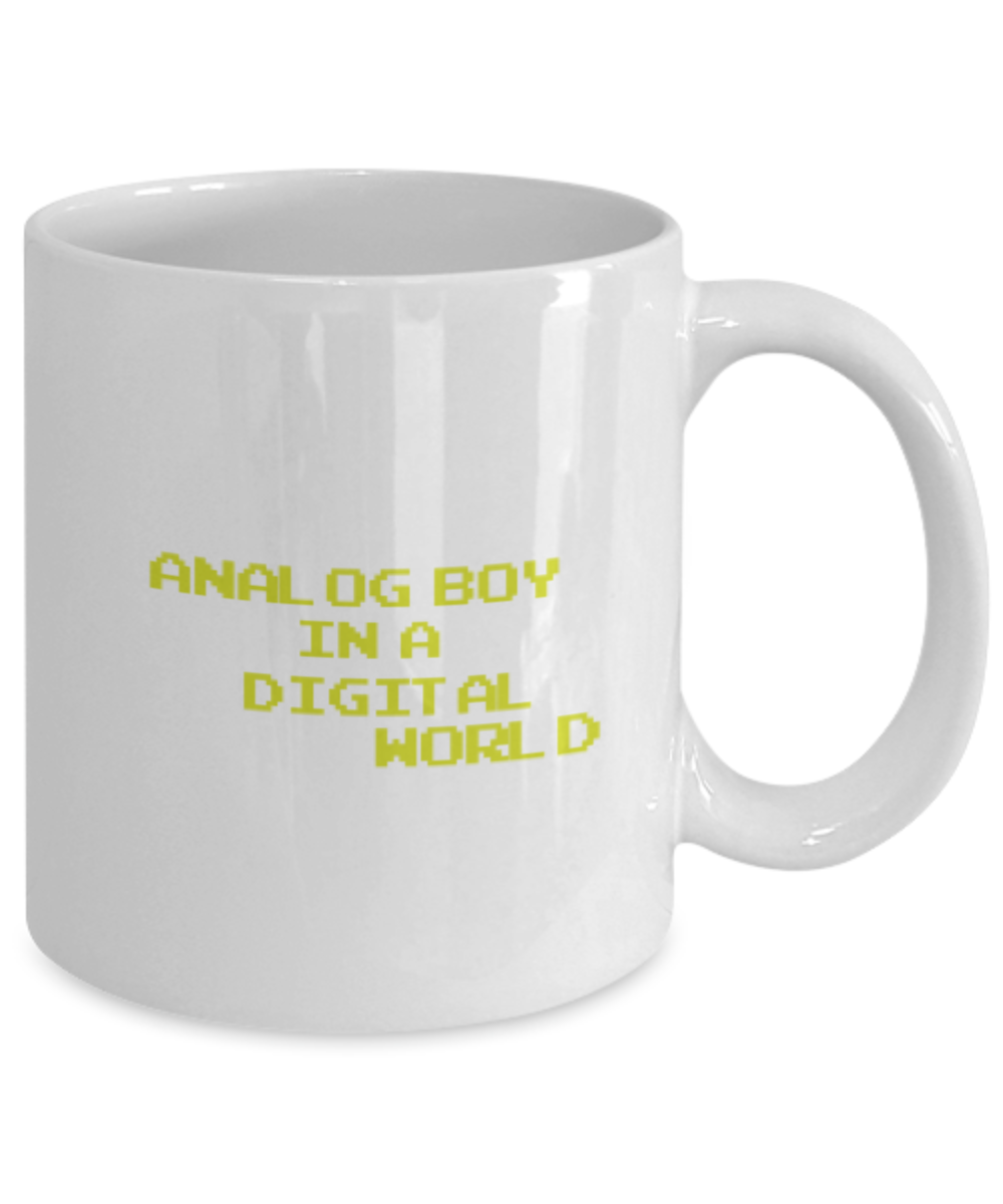 Pop culture lovers mugs , Analog boy in a Digital world - White Coffee Mug Porcelain Tea Cup 11 oz - Great Gift