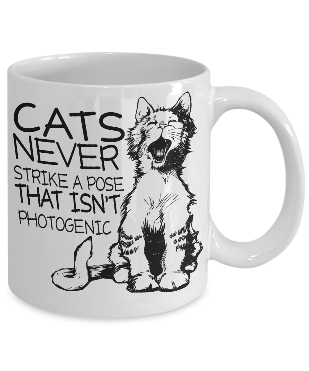 Cat Lover Coffee Mug, Cats Never Strike A Pose That Isn't Photogenic - White Porcelain Coffee Mug 11 Oz