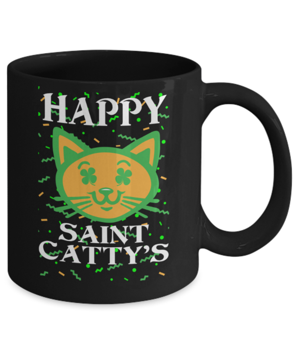Gift gor cat lovers , Happy Saint Catty's - Black Coffee Mug Porcelain Tea Cup 11 oz - Great Gift