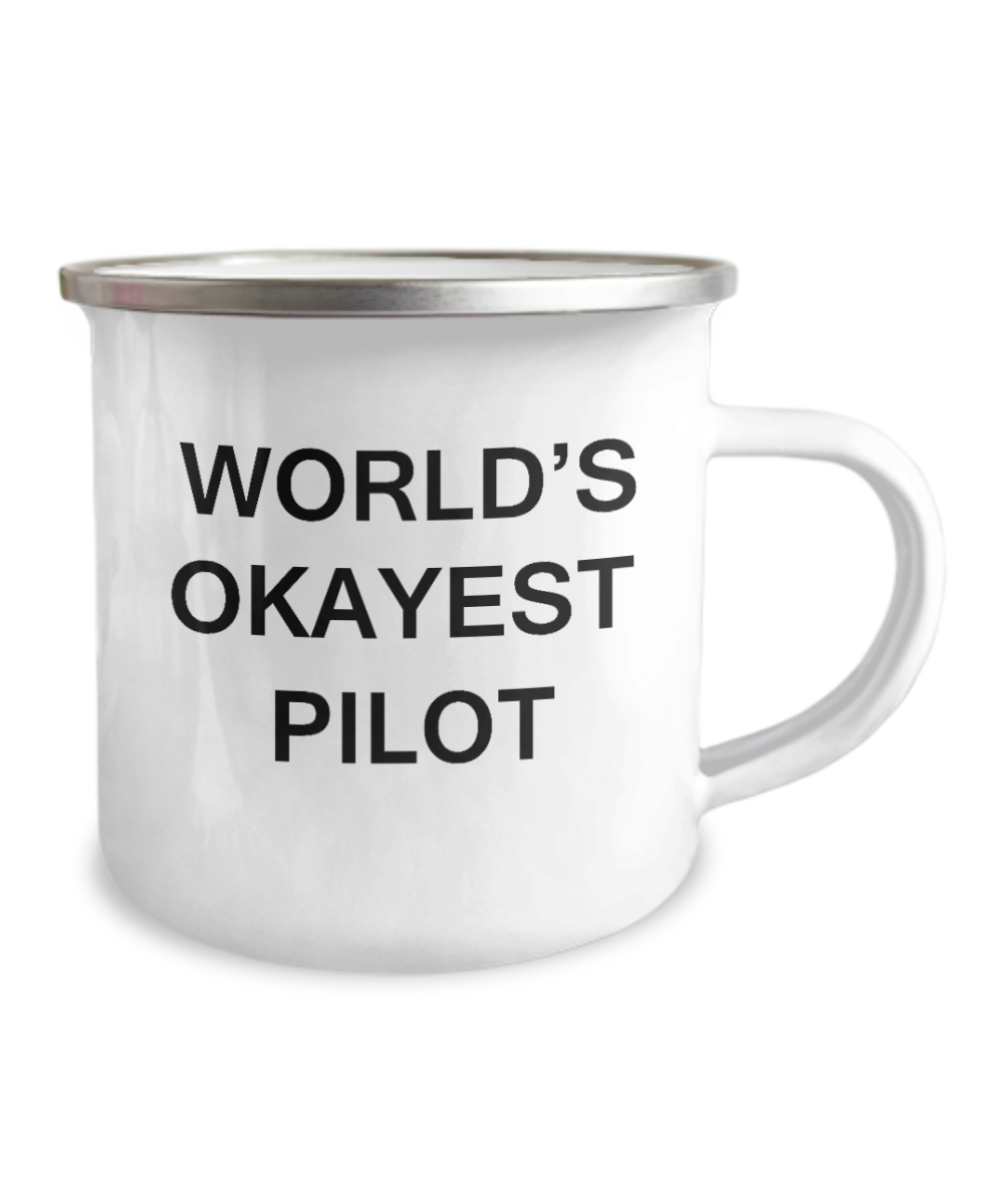 World's Okayest Pilot Camper coffee mugs, Premium- 12 Oz Stainless Steel Enamel Finish White Camper Coffee Mug