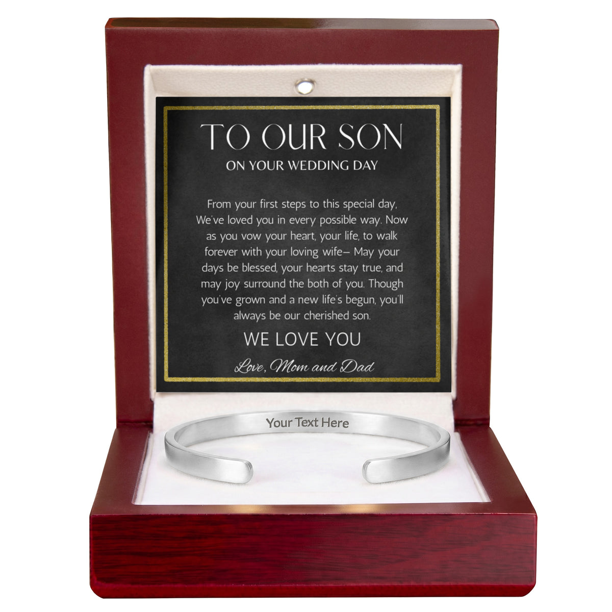 To Son Wedding Gift, Gift From Mom and Dad, Groom Gift Personalized Stainless Steel Cuff For Son on Wedding Day