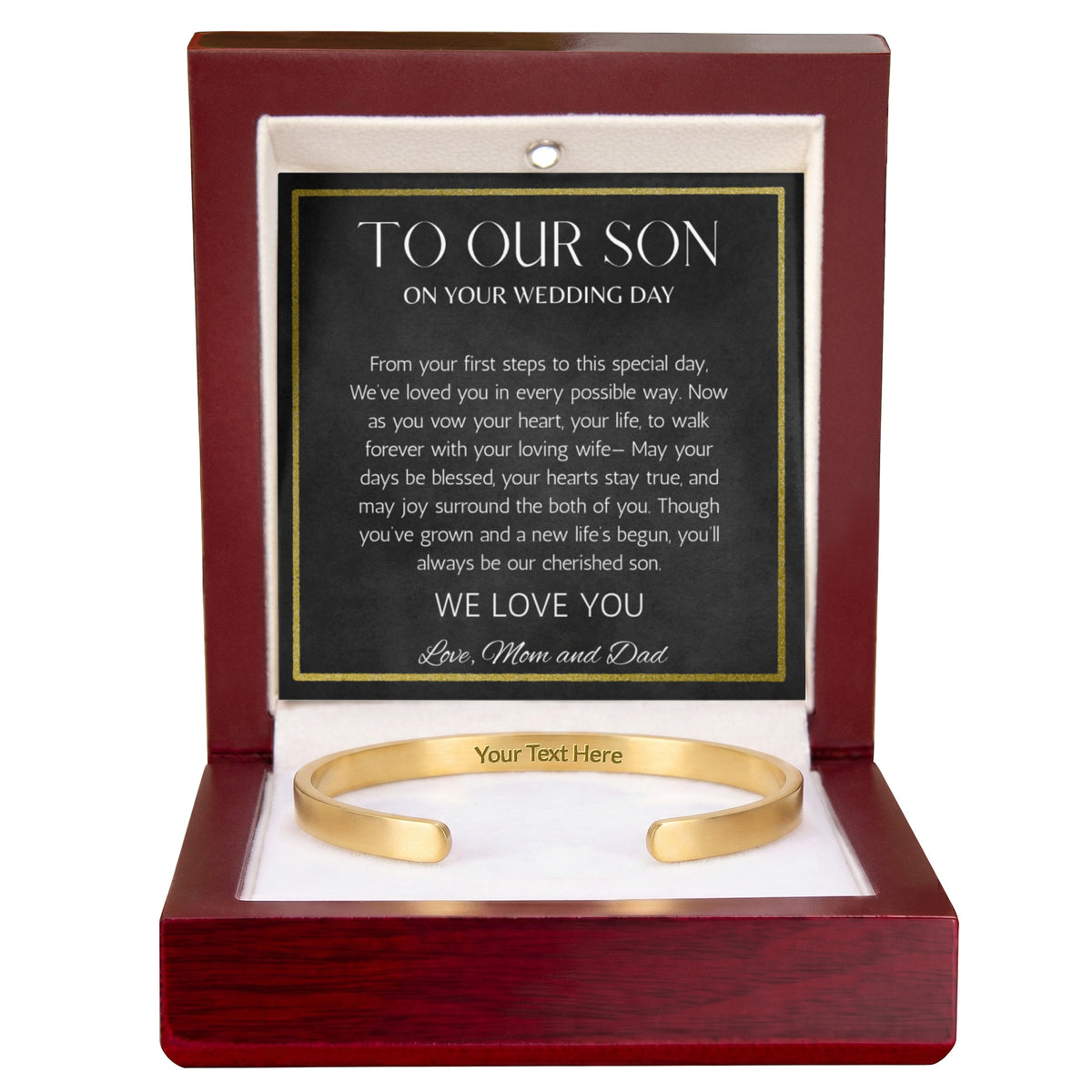 To Son Wedding Gift, Gift From Mom and Dad, Groom Gift Personalized Stainless Steel Cuff For Son on Wedding Day