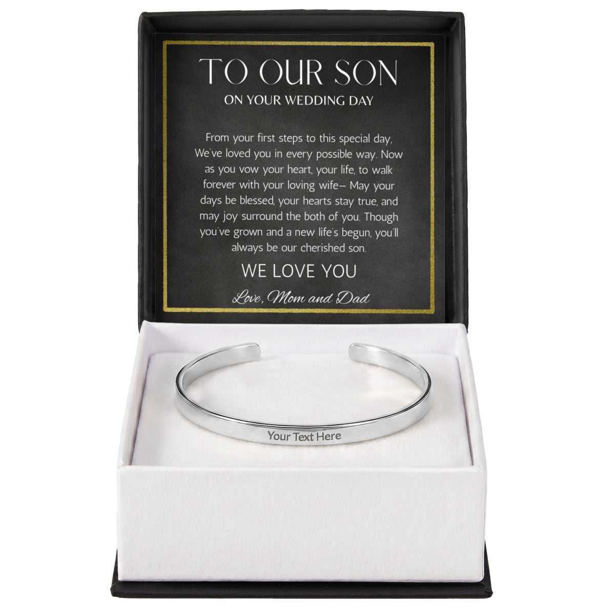 To Son Wedding Gift, Gift From Mom and Dad, Groom Gift Personalized Stainless Steel Cuff For Son on Wedding Day