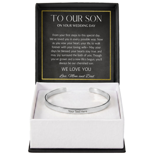 To Son Wedding Gift, Gift From Mom and Dad, Groom Gift Personalized Stainless Steel Cuff For Son on Wedding Day