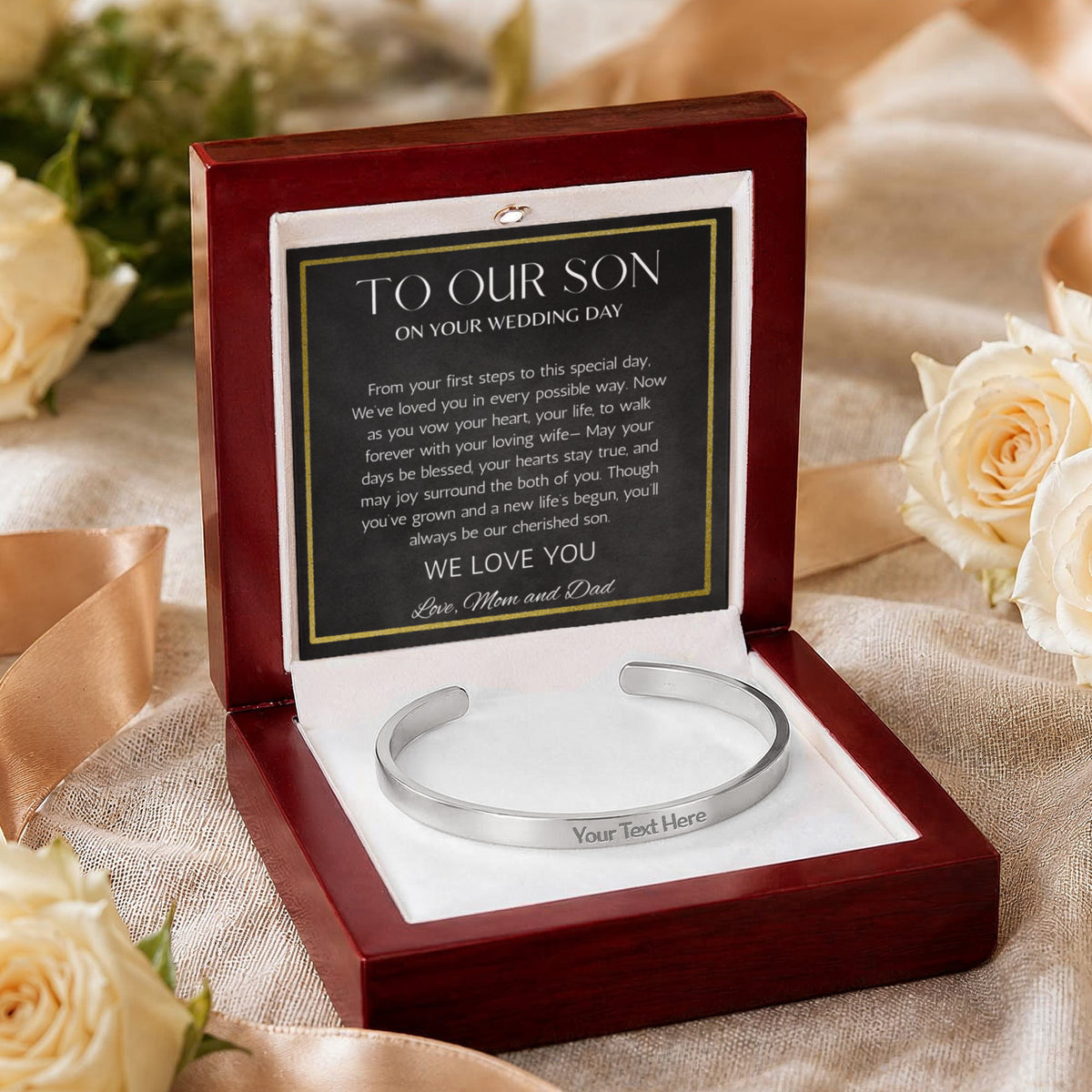 To Son Wedding Gift, Gift From Mom and Dad, Groom Gift Personalized Stainless Steel Cuff For Son on Wedding Day
