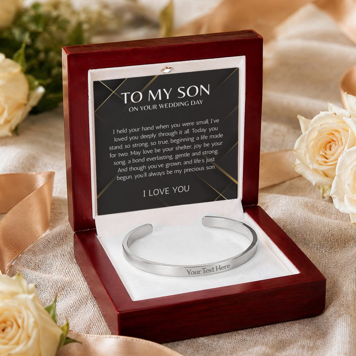 Mother to Son Wedding Gift, Gift From Mother, To My son Wedding Gift from Mom, Groom Gift custom engraved steel cuff For Son on Wedding Day