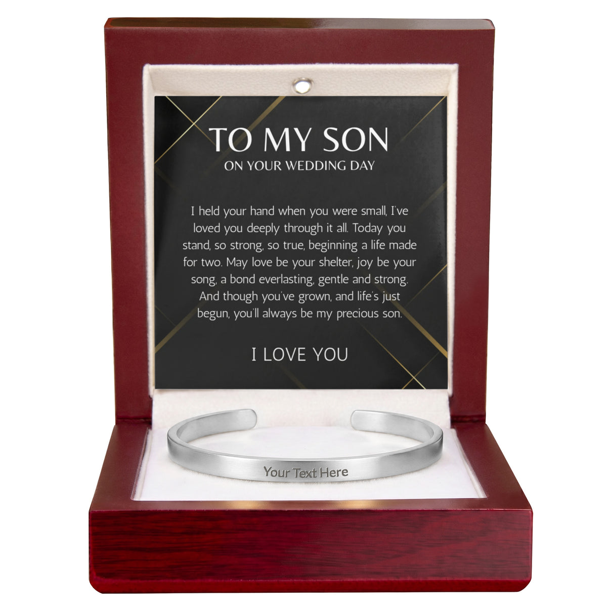 Mother to Son Wedding Gift, Gift From Mother, To My son Wedding Gift from Mom, Groom Gift custom engraved steel cuff For Son on Wedding Day
