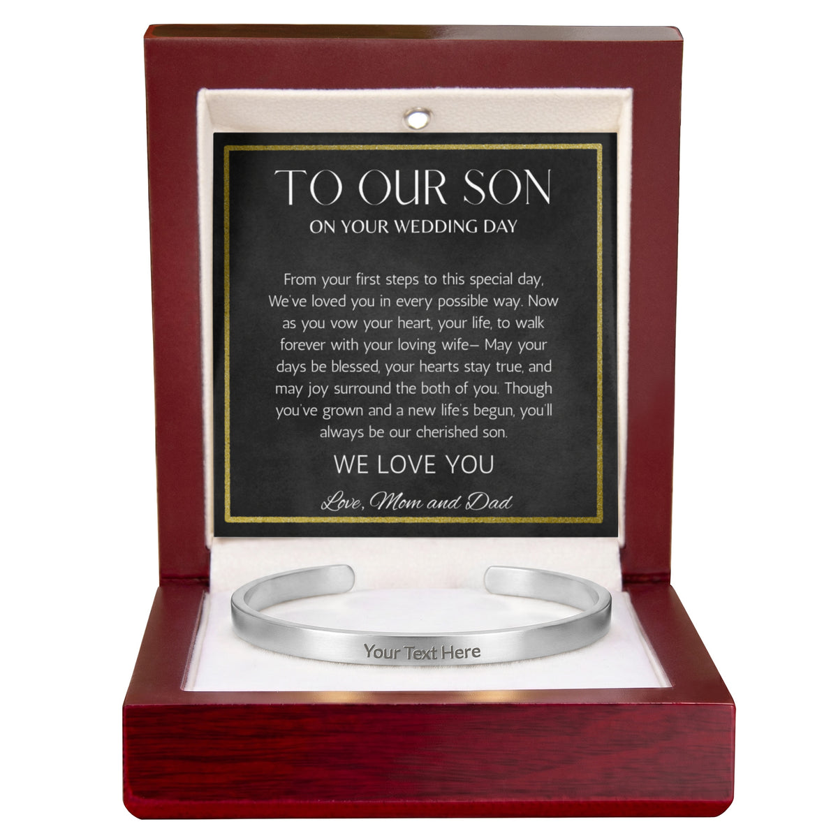To Son Wedding Gift, Gift From Mom and Dad, Groom Gift Personalized Stainless Steel Cuff For Son on Wedding Day
