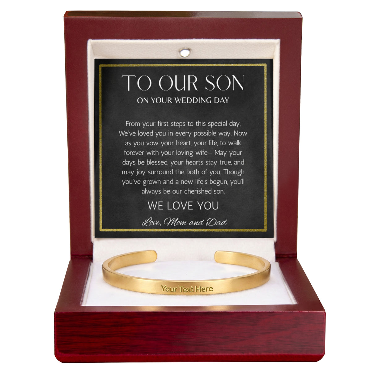 To Son Wedding Gift, Gift From Mom and Dad, Groom Gift Personalized Stainless Steel Cuff For Son on Wedding Day