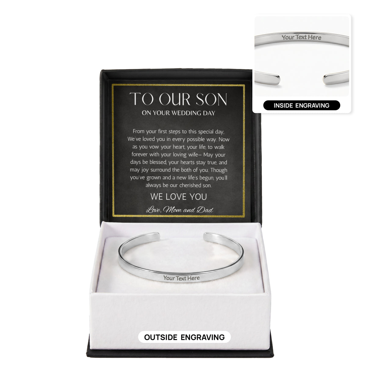 To Son Wedding Gift, Gift From Mom and Dad, Groom Gift Personalized Stainless Steel Cuff For Son on Wedding Day