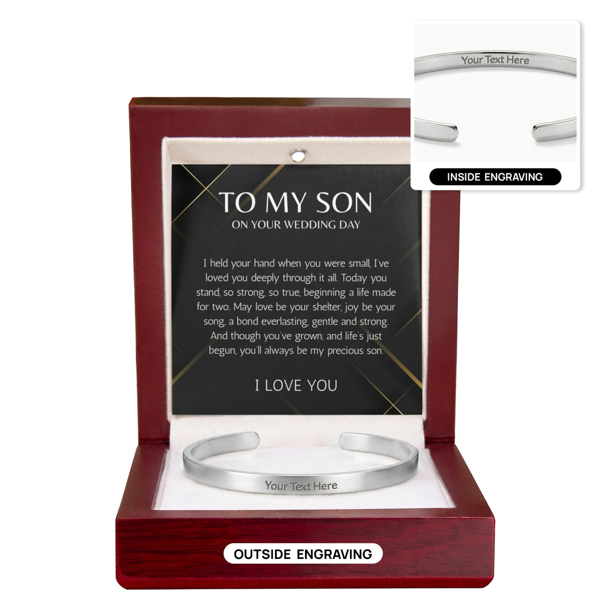 Mother to Son Wedding Gift, Gift From Mother, To My son Wedding Gift from Mom, Groom Gift custom engraved steel cuff For Son on Wedding Day