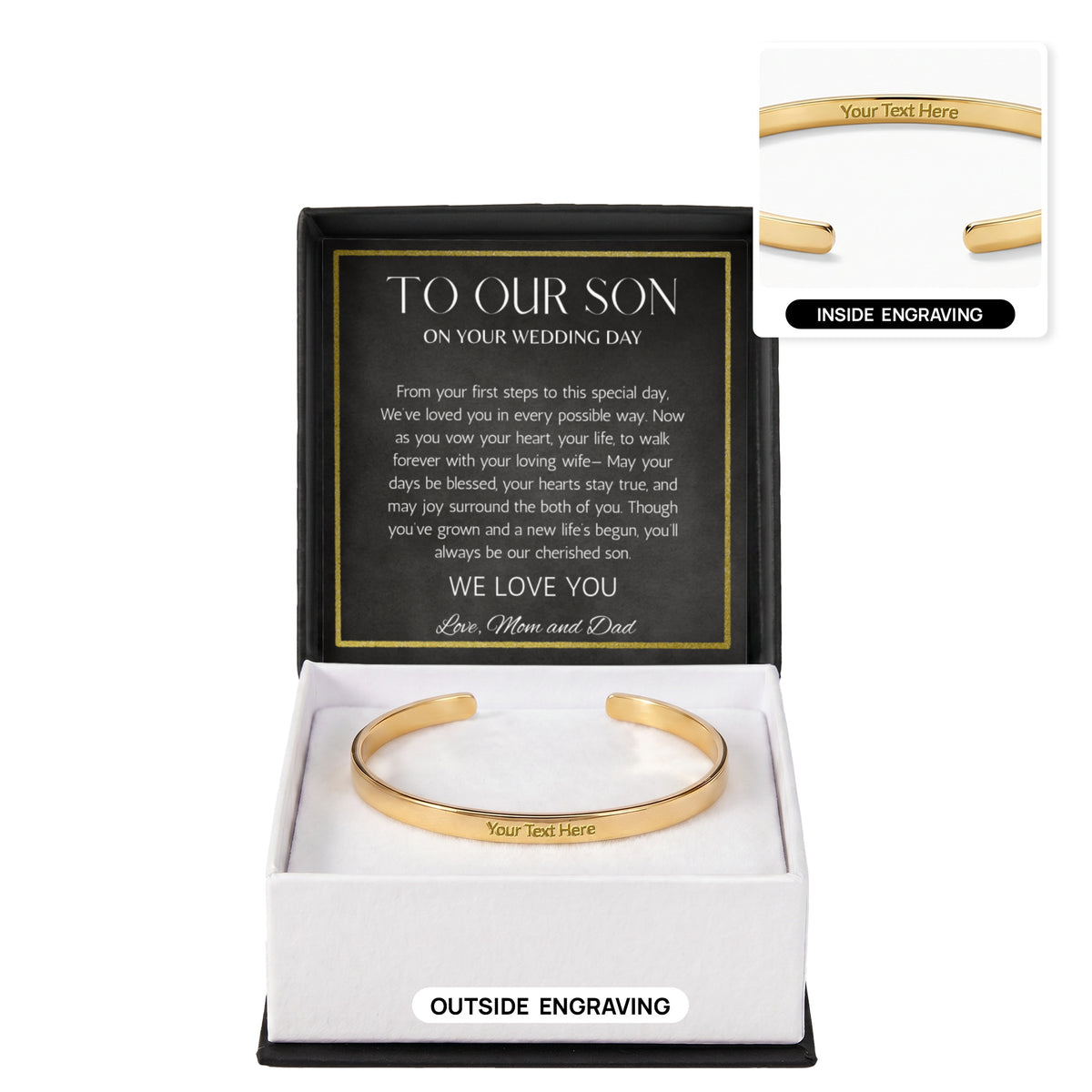 To Son Wedding Gift, Gift From Mom and Dad, Groom Gift Personalized Stainless Steel Cuff For Son on Wedding Day