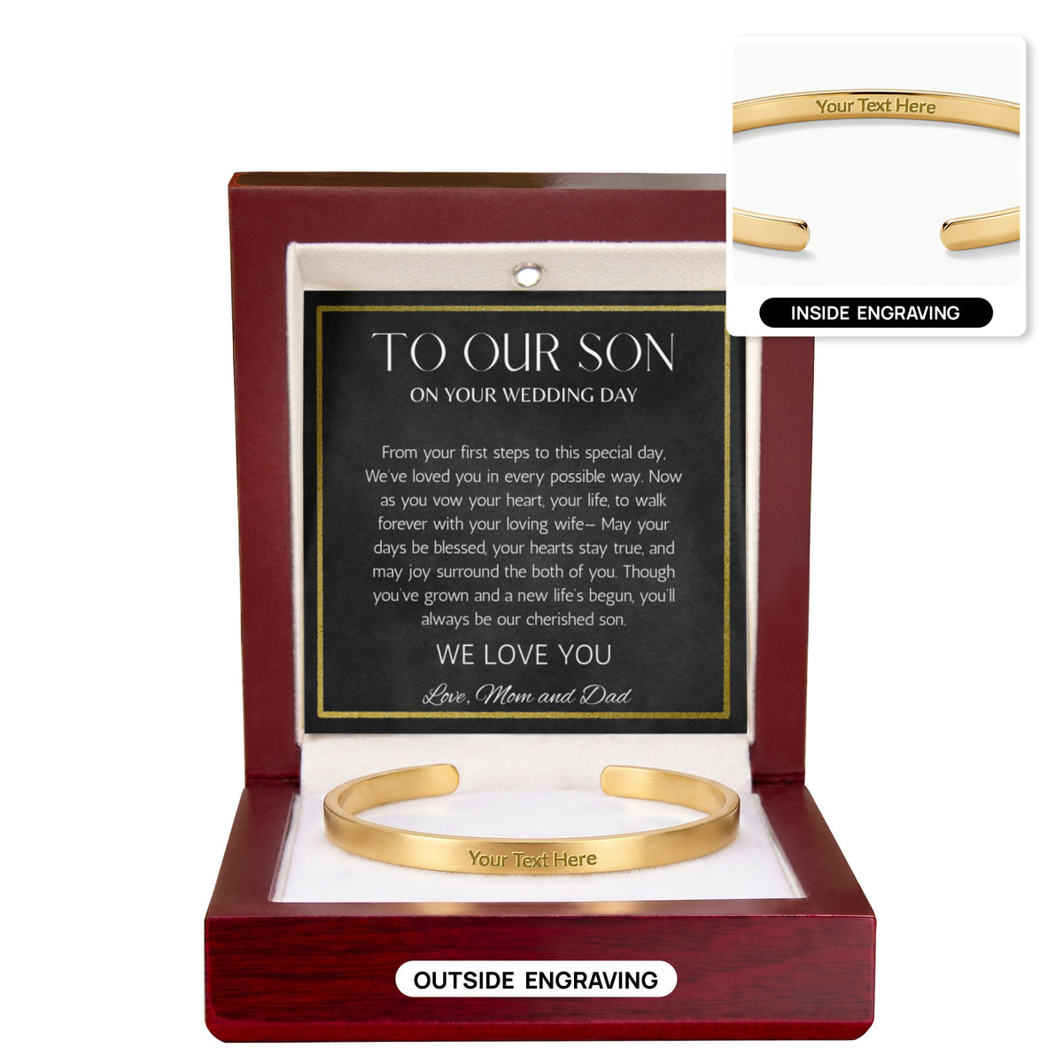 To Son Wedding Gift, Gift From Mom and Dad, Groom Gift Personalized Stainless Steel Cuff For Son on Wedding Day