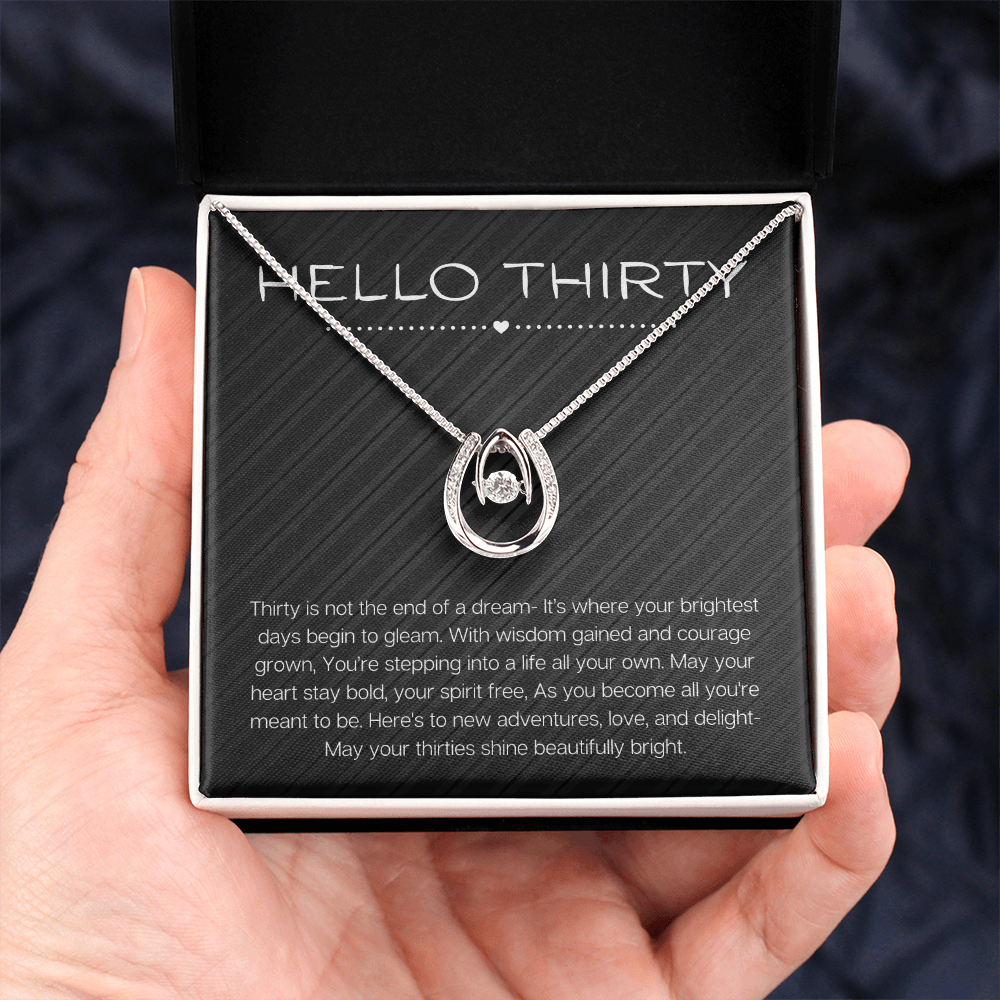 Hello Thirty Necklace, 30th Birthday Gift Jewelry for Her, Turning 30 Present Lucky in Love Necklace