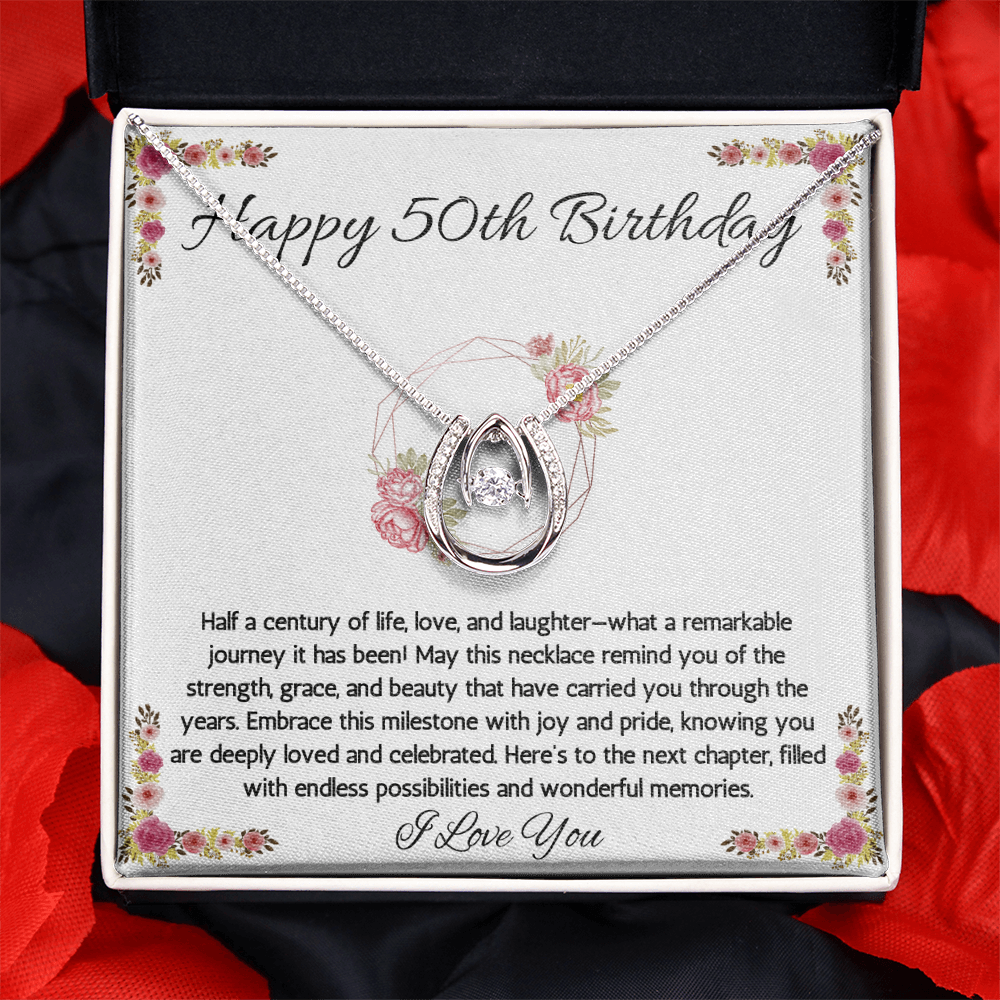 50th Birthday Women Gift Lucky in Love Message Card Necklace for Daughter Sister Mom wife Grandma Jewelry From dad Brother friend