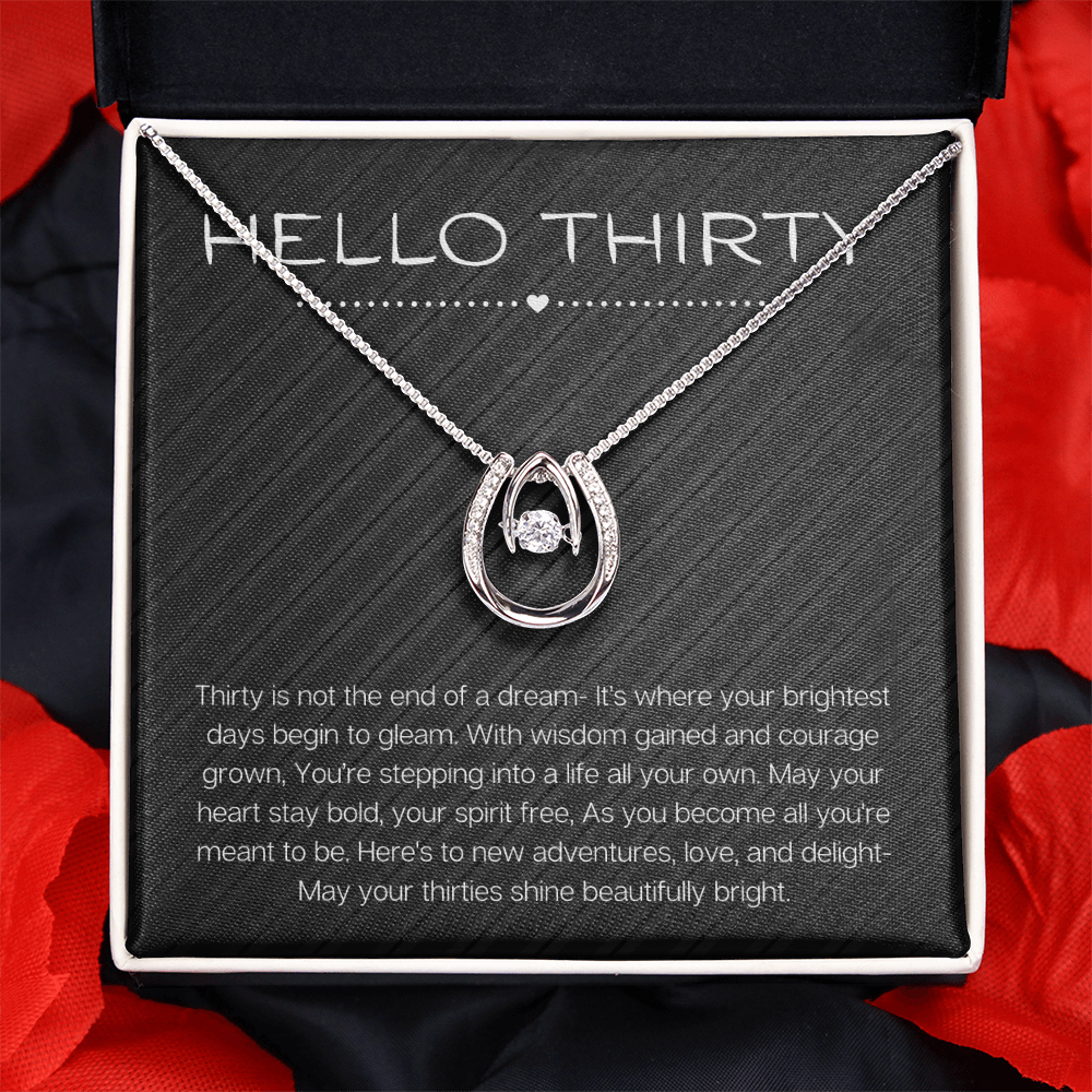 Hello Thirty Necklace, 30th Birthday Gift Jewelry for Her, Turning 30 Present Lucky in Love Necklace