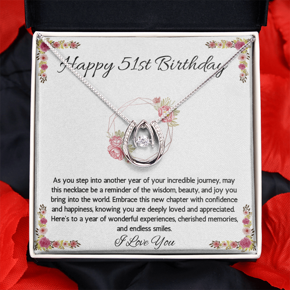51st Birthday Women Gift Lucky in Love Message Card Necklace for Daughter Sister Mom wife Grandma Jewelry From dad Brother friend