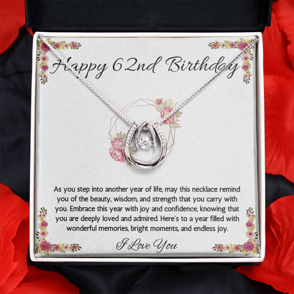 62nd Birthday Women Gift Lucky in Love Message Card Necklace for Sister Mom wife Grandma Jewelry From dad Brother friend
