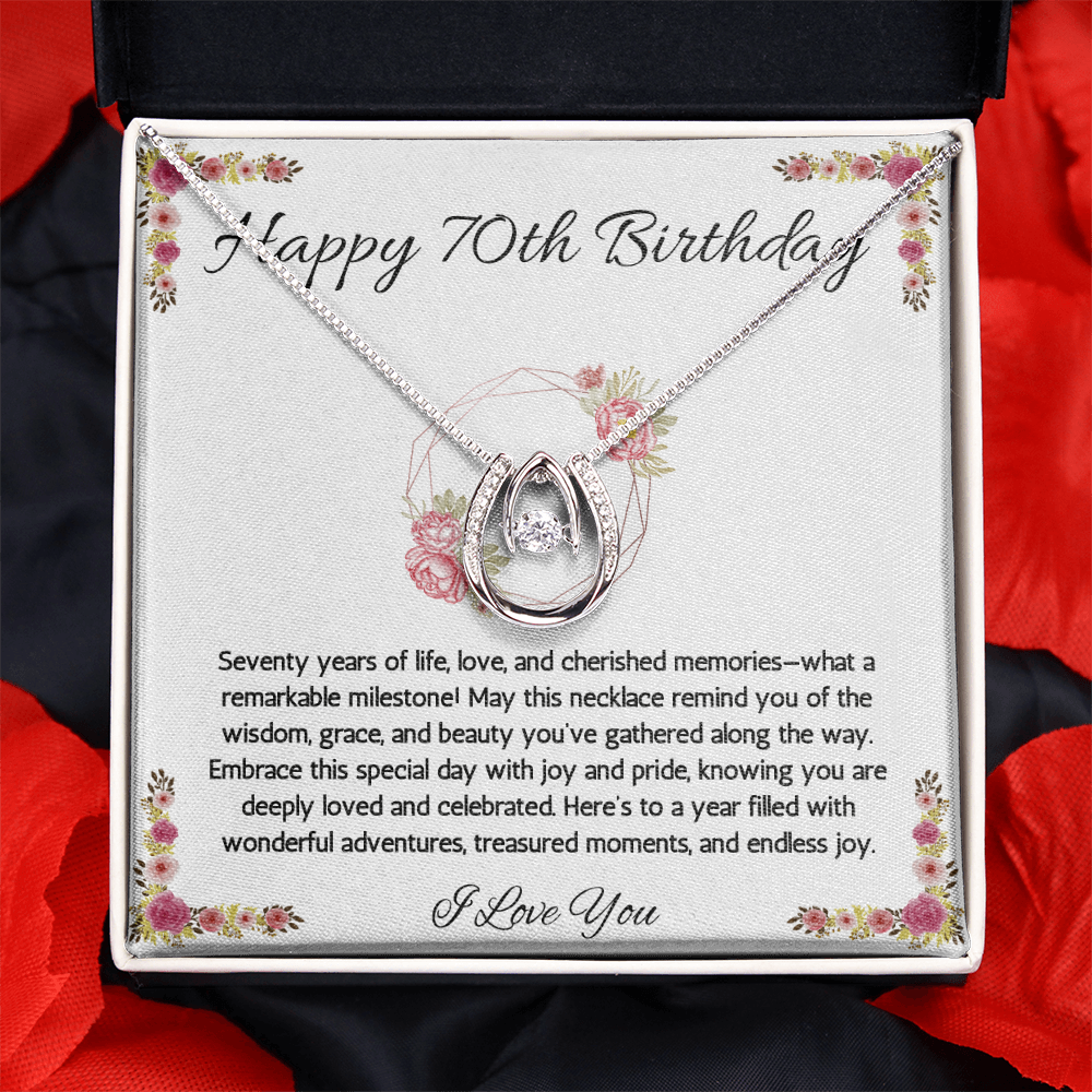 70th Birthday Women Gift Lucky in Love Message Card Necklace for Sister Mom wife Grandma Jewelry From dad Brother friend