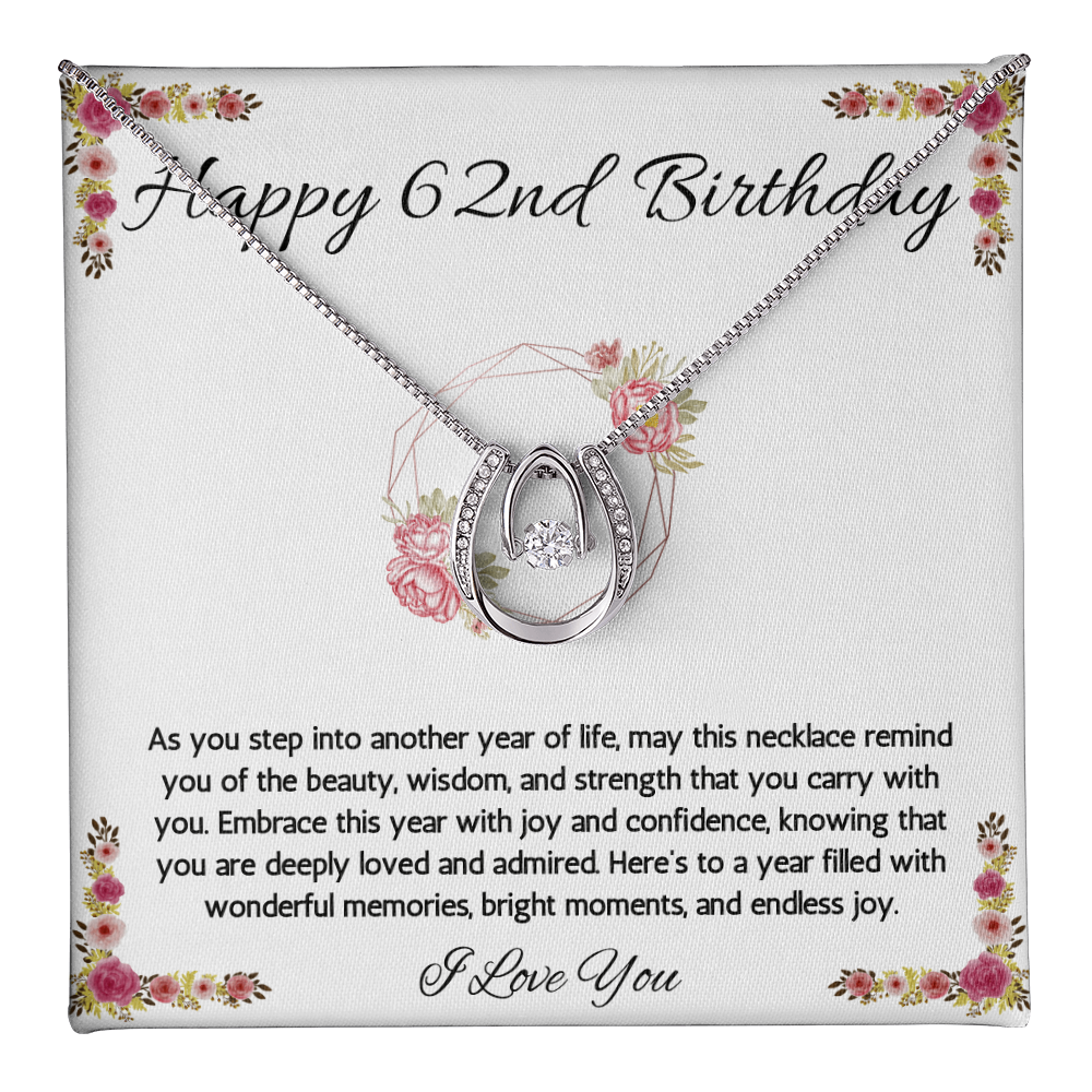 62nd Birthday Women Gift Lucky in Love Message Card Necklace for Sister Mom wife Grandma Jewelry From dad Brother friend