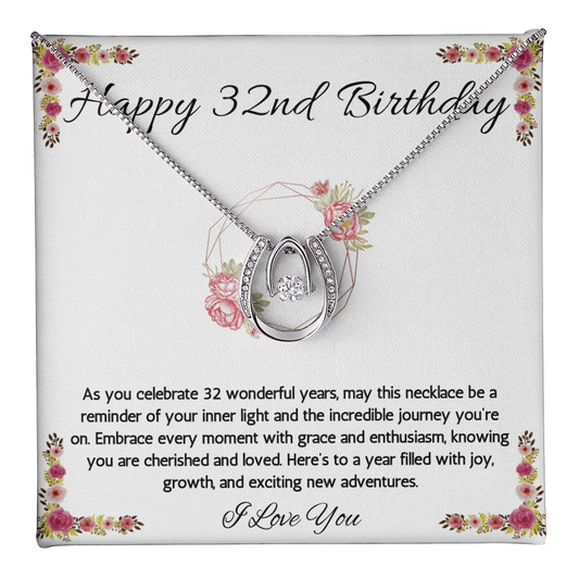 32nd Birthday Women Gift Lucky in Love Message Card Necklace for Daughter Sister Girlfriend wife Jewelry From dad Mom Brother friend