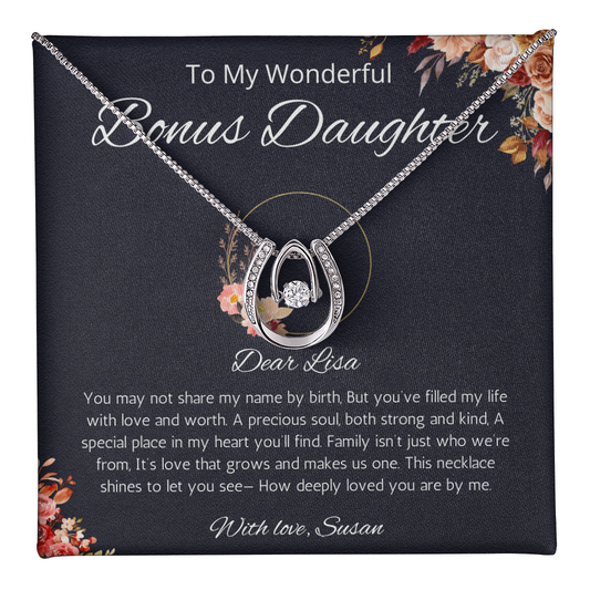 Step Daughter Gift Necklace, Personalized Lucky In Love Gift Necklace For Bonus Daughter, Step Daughter Gift From Mom, Dad, Stepmom, Stepdad