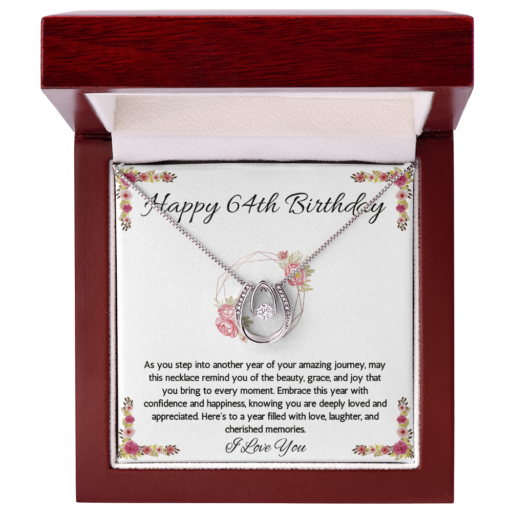 64th Birthday Women Gift Lucky in Love Message Card Necklace for Sister Mom wife Grandma Jewelry From dad Brother friend