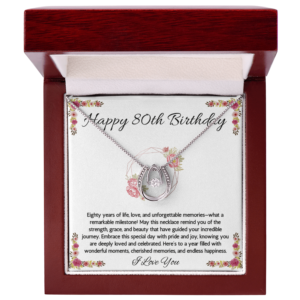80th Birthday Women Gift Lucky in Love Message Card Necklace for Sister Mom wife Grandma Jewelry From dad Brother friend