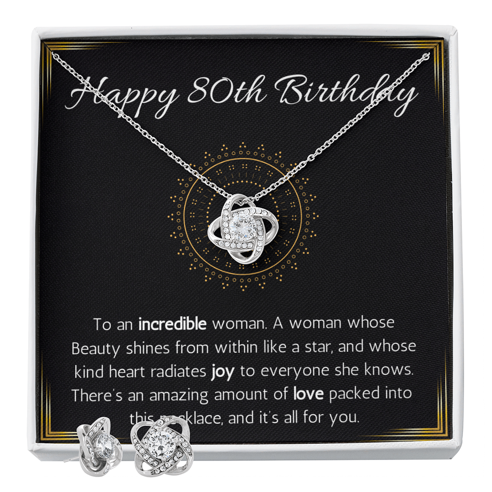Happy 80th birthday jewelry gift for woman turning 80 Love Knot Necklace & Earring Set 80th birthday gift necklace for Grandma, wife, Sister