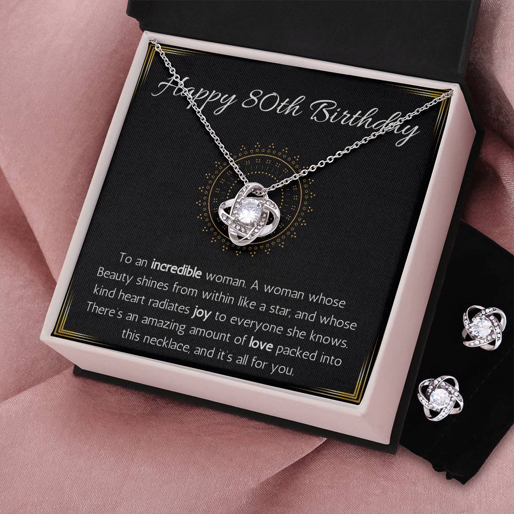 Happy 80th birthday jewelry gift for woman turning 80 Love Knot Necklace & Earring Set 80th birthday gift necklace for Grandma, wife, Sister