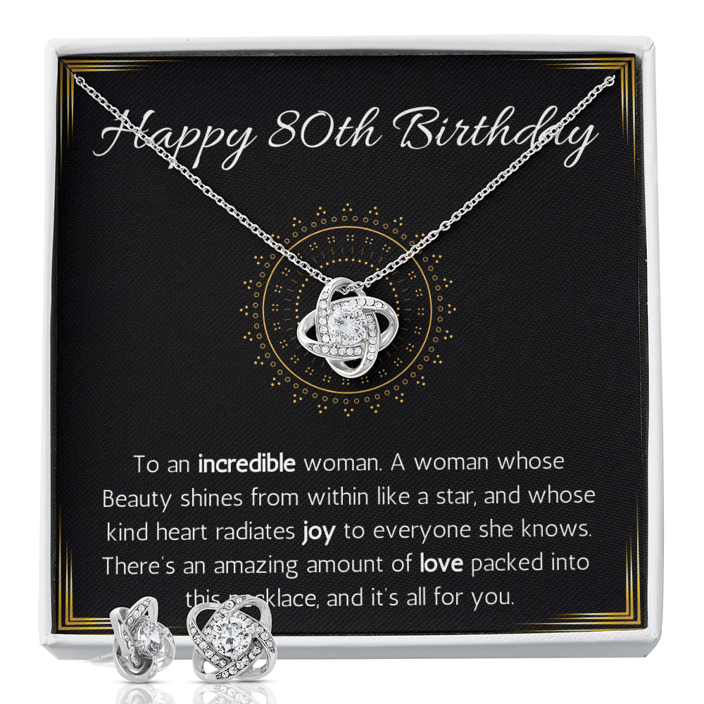 Happy 80th birthday jewelry gift for woman turning 80 Love Knot Necklace & Earring Set 80th birthday gift necklace for Grandma, wife, Sister