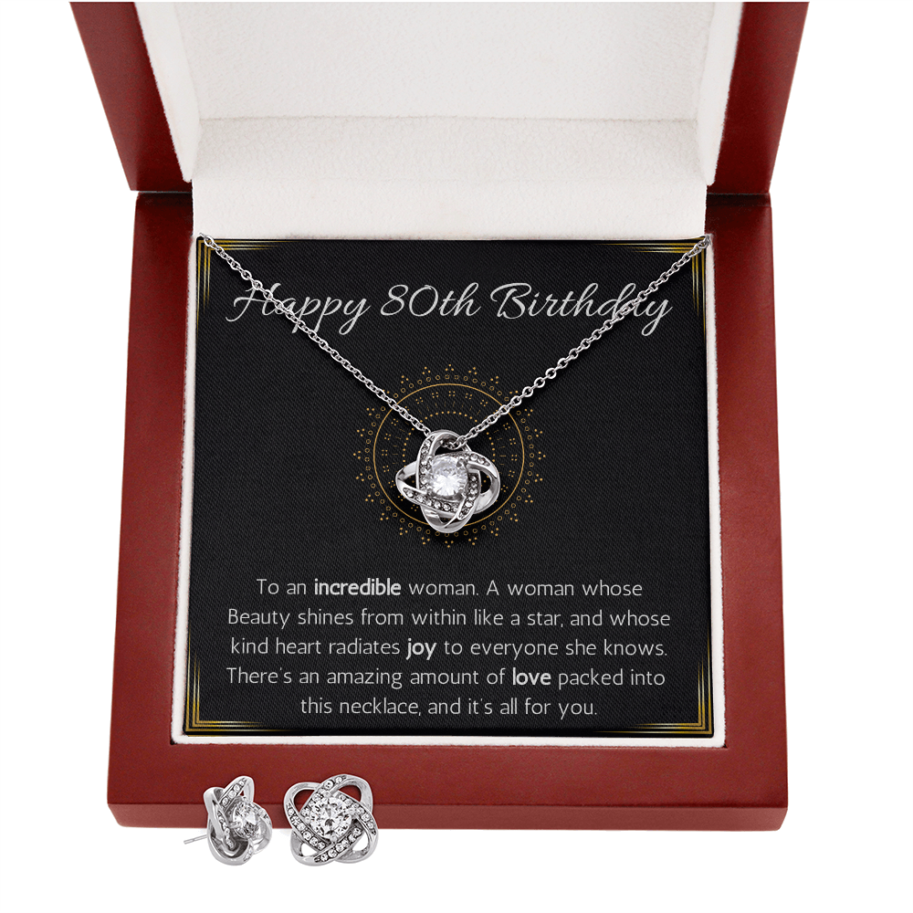 Happy 80th birthday jewelry gift for woman turning 80 Love Knot Necklace & Earring Set 80th birthday gift necklace for Grandma, wife, Sister