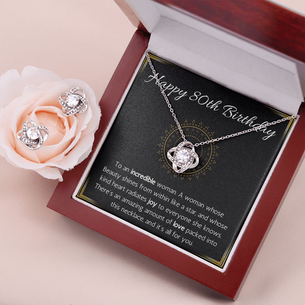 Happy 80th birthday jewelry gift for woman turning 80 Love Knot Necklace & Earring Set 80th birthday gift necklace for Grandma, wife, Sister