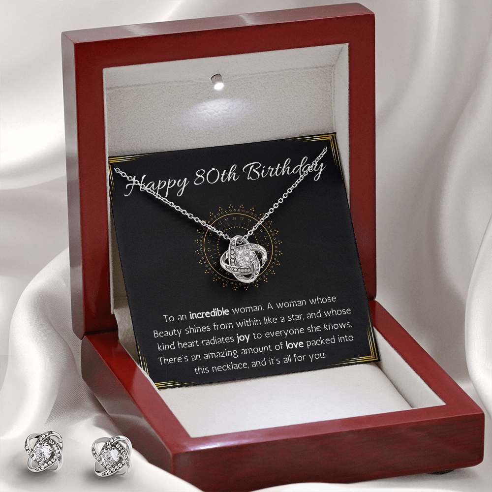 Happy 80th birthday jewelry gift for woman turning 80 Love Knot Necklace & Earring Set 80th birthday gift necklace for Grandma, wife, Sister
