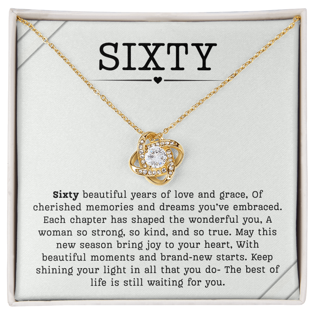 60th Birthday Necklace, Turning 60 Jewelry, Milestone sixty Birthday Gift Love Knot Present