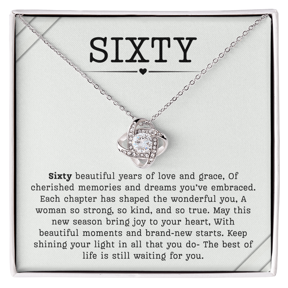 60th Birthday Necklace, Turning 60 Jewelry, Milestone sixty Birthday Gift Love Knot Present